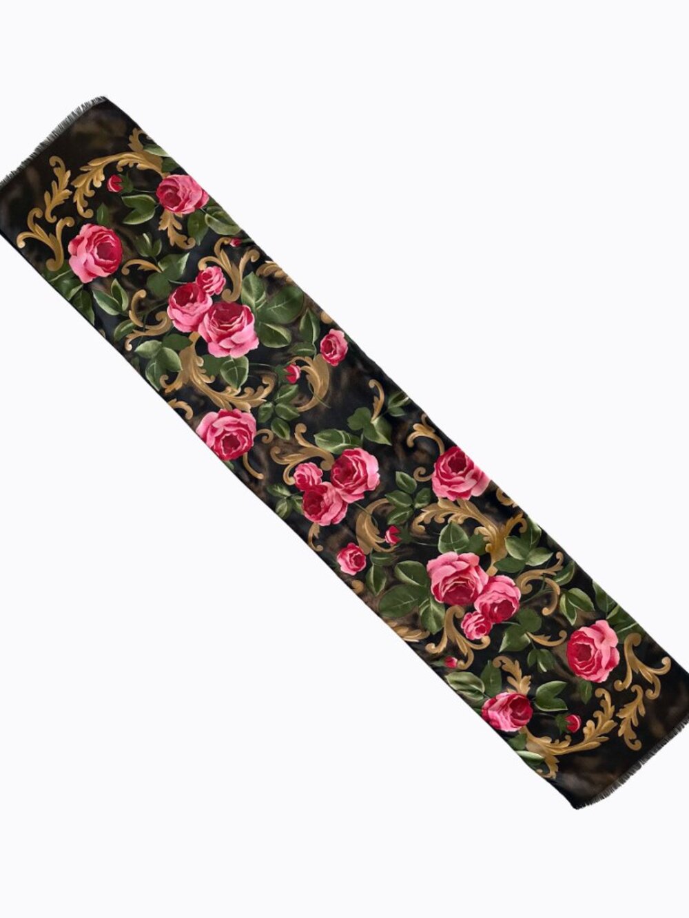 Vtg Black Floral Rose Silk Wool Scarf Baroque Oblong Fringe Whimsigoth Romantic - Picture 3 of 7